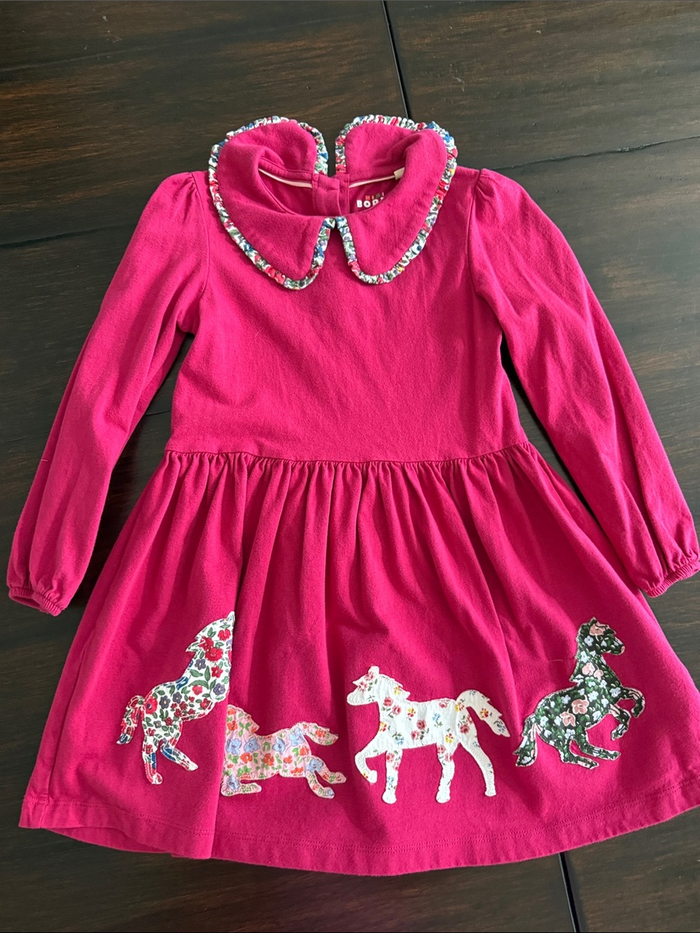 Mini Boden Hot Pink Long-Sleeve Dress with Horse Appliqués